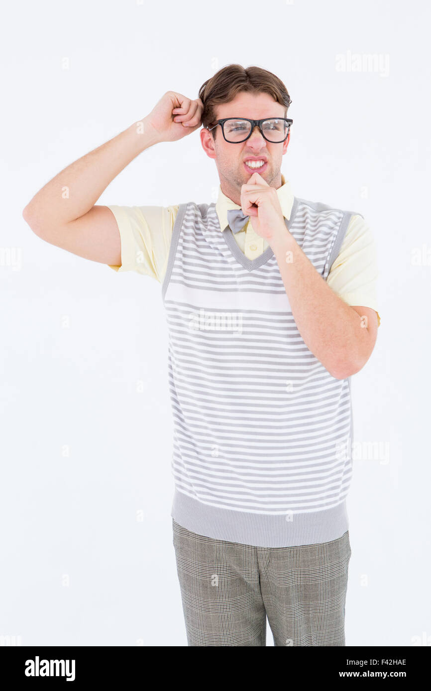 Geeky Hipster denken mit Hand am Kinn Stockfoto