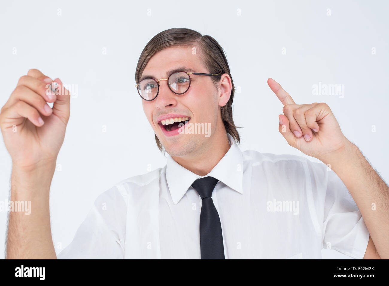 Geeky Geschäftsmann mit Stift schreiben Stockfoto