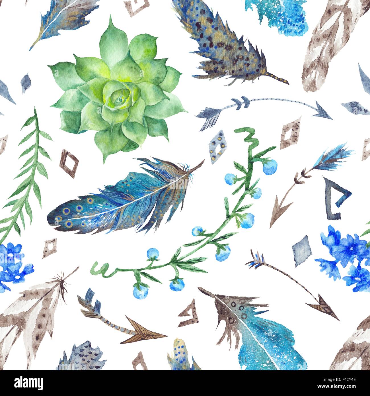 Nahtlose Aquarell wild und frei-Textur mit Waldpflanzen und Pfeile auf weißem Hintergrund Stockfoto