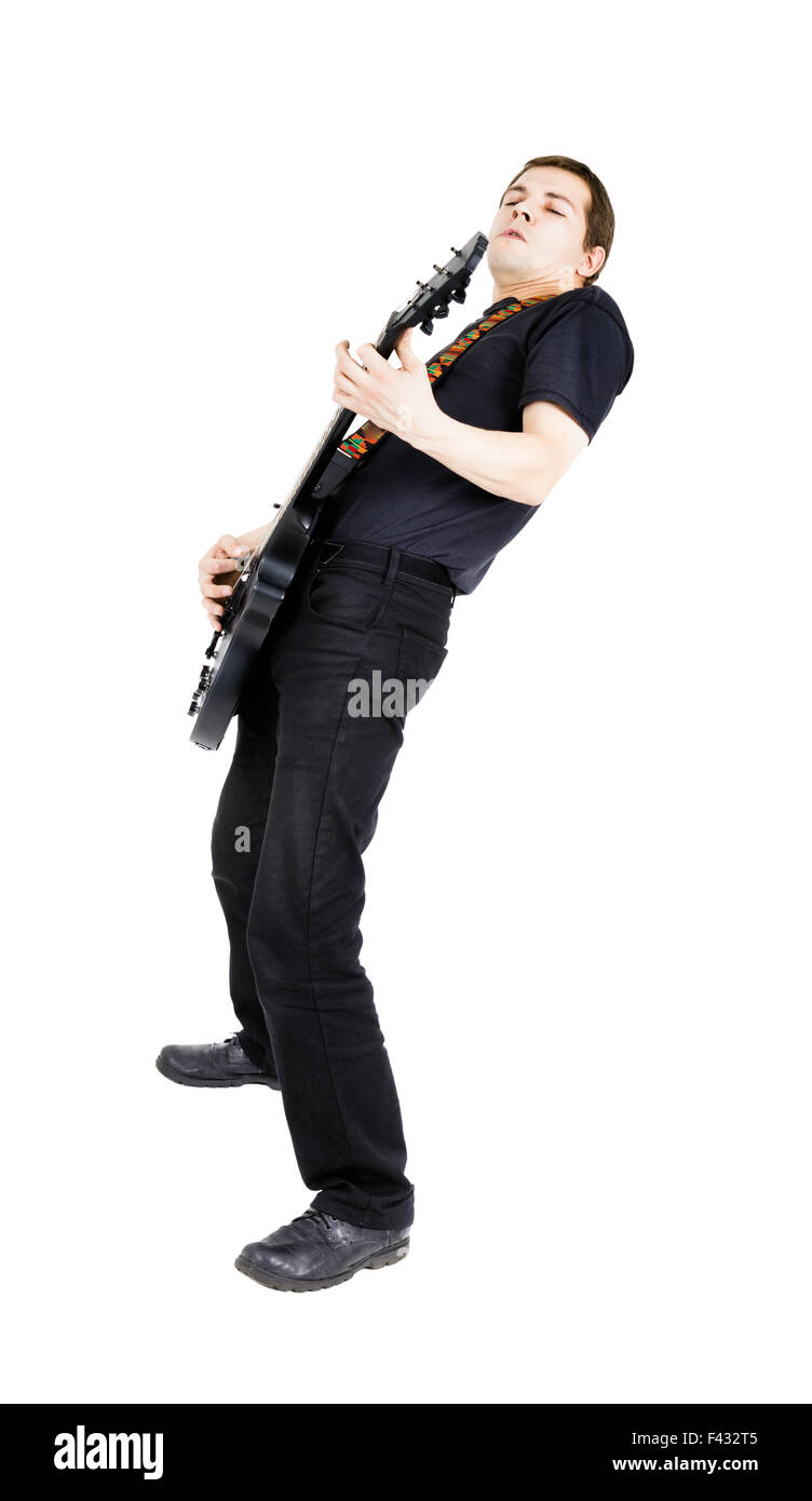 junger Mann mit einer e-Gitarre. Isoliert Stockfoto