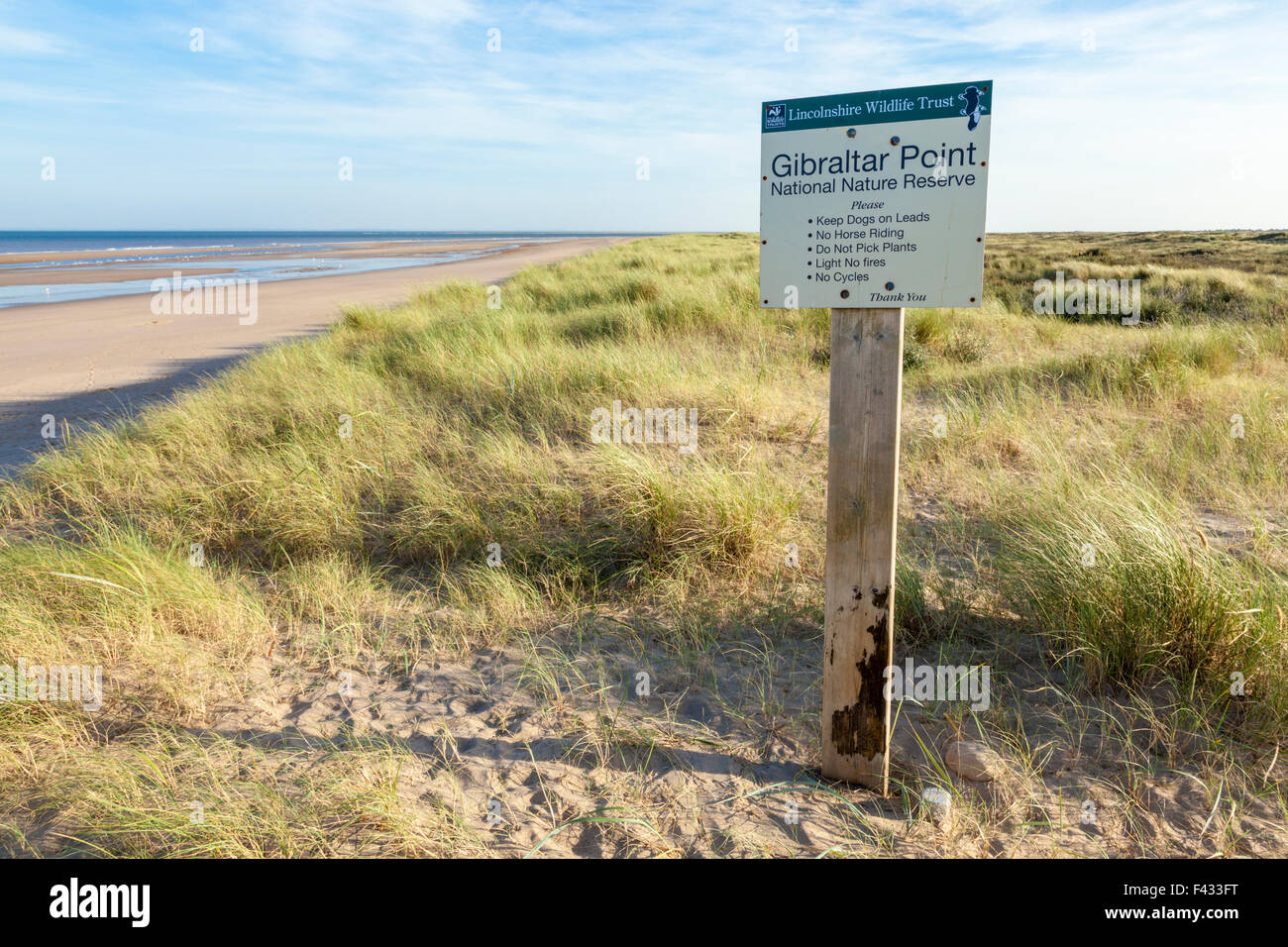 Unterschreiben Sie bei Gibraltar Point National Nature Reserve, Küste von Lincolnshire, England, Großbritannien Stockfoto