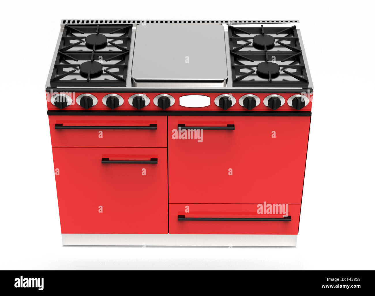 Moderne Küche Gerät digitale Zeichnung einer roten Gas Herd mit Kochplatten und vier Öfen betrachtet hohen Winkel mit Beschneidungspfad Stockfoto