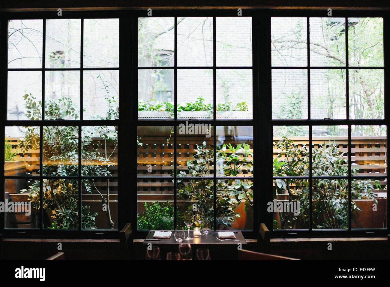 Innenansicht eines Restaurants in Manhattan West Village, Fenster mit Blick auf einen Garten. Stockfoto