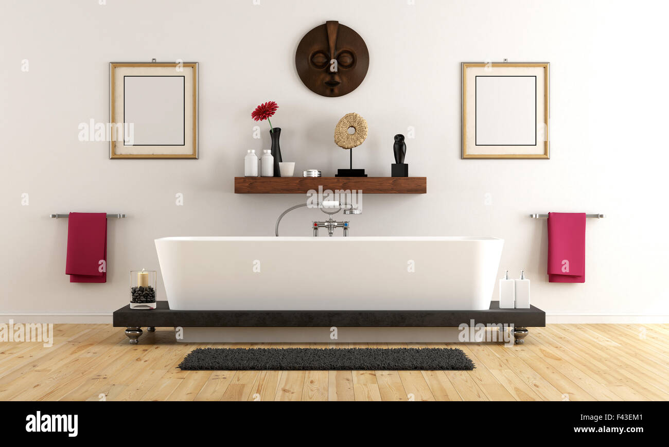 Elegantes Badezimmer mit Badewanne und ethnische Dekor - 3D Rendering Stockfoto