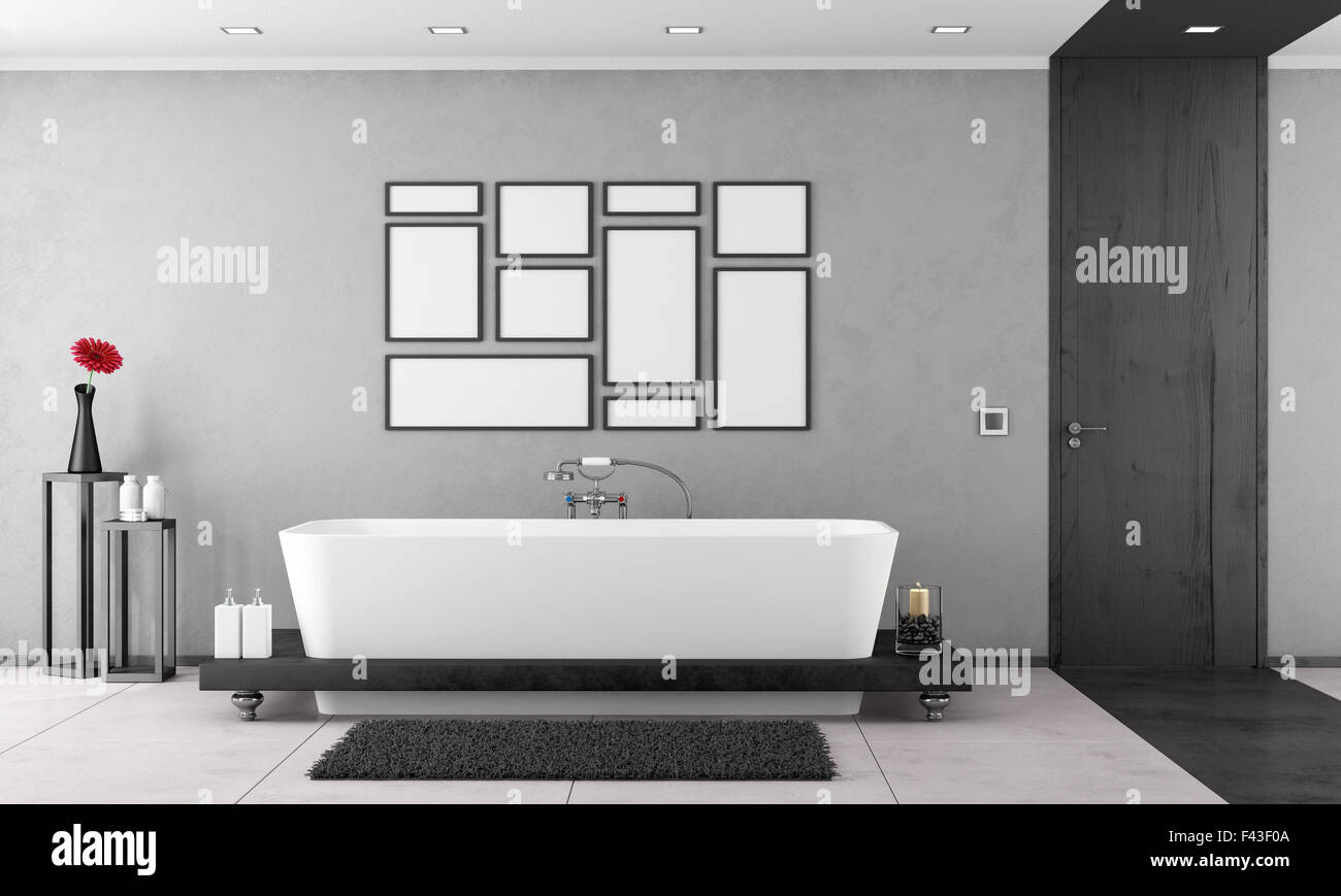 Schwarz / weiß Badezimmer mit eleganter Badewanne und Holztür - 3D Rendering Stockfoto
