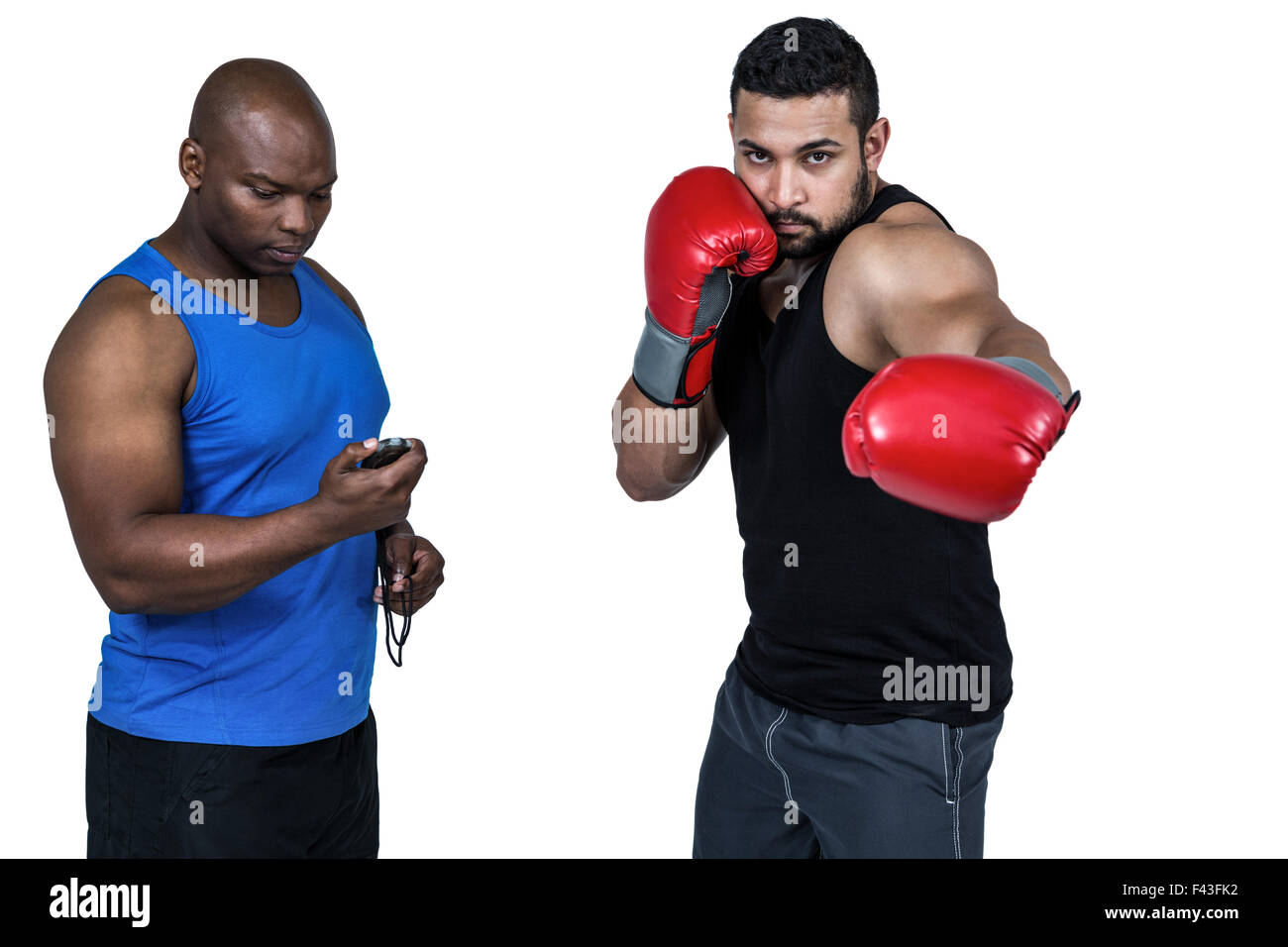 Boxtrainer mit seinem Kämpfer Stockfoto