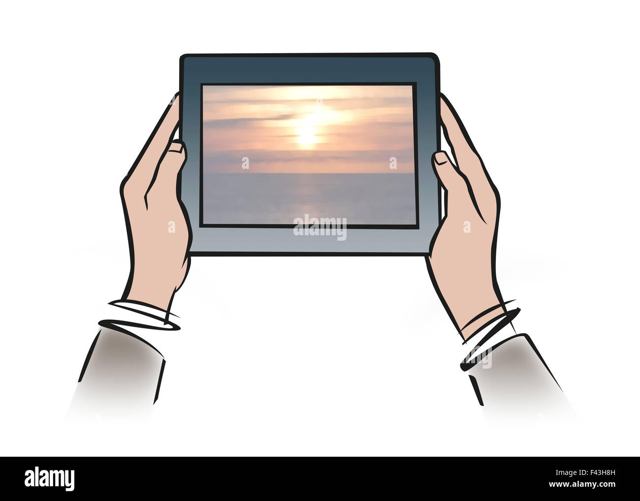 Abbildung von Händen mit digital-Tablette zeigt ruhige Sonnenuntergang Stockfoto
