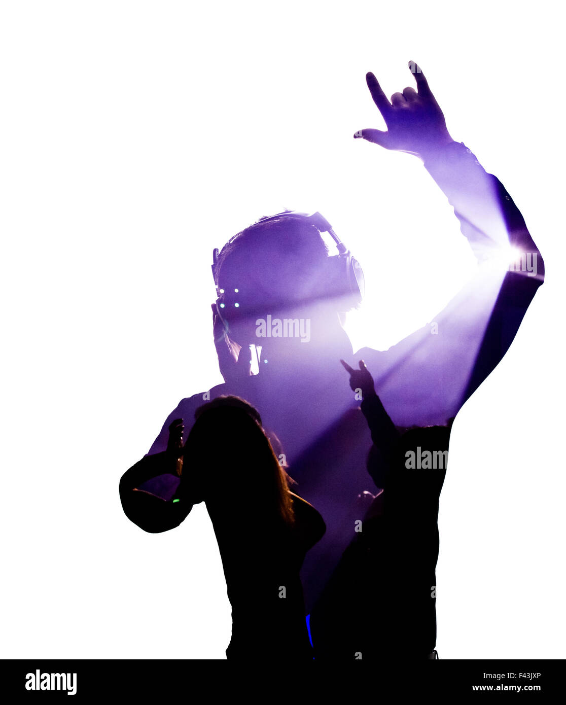 Mann, Schaukeln auf mit Kopfhörern in der Silhouette isoliert auf weißem Hintergrund Stockfoto