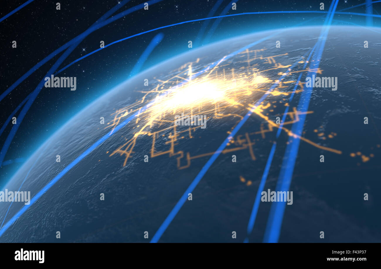 Eine generische Welt Planet mit beleuchteter Citylights umgeben von Lichtspuren auf einem dunklen Raum Hintergrund im Orbit Stockfoto