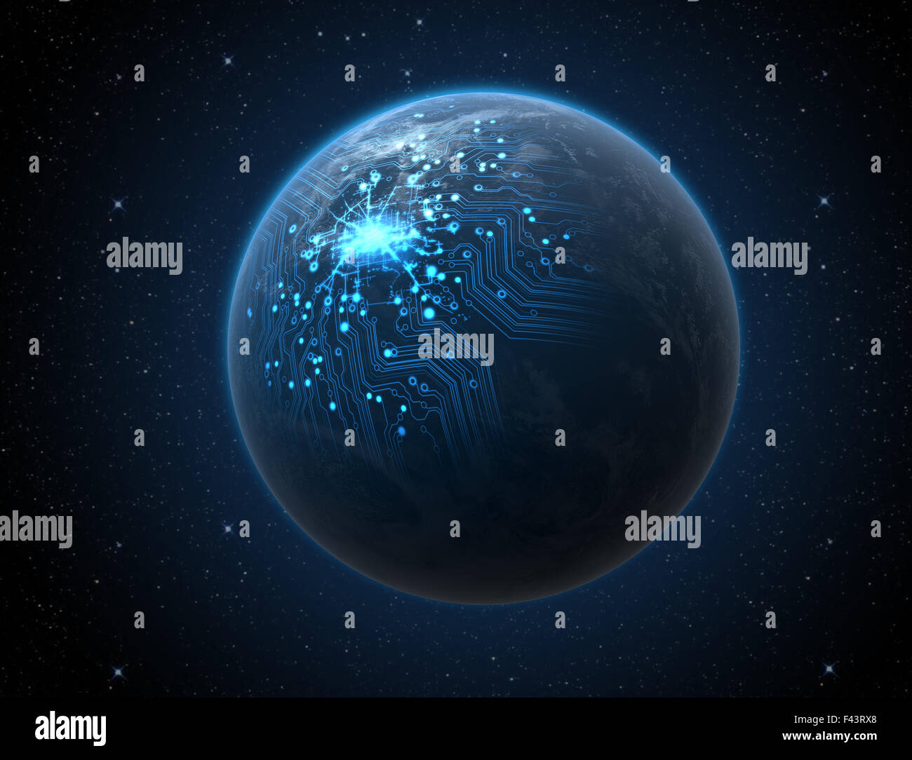 Ein generischer Welt Planet mit beleuchteter Citylights und eine glühende Datennetz Schaltung auf einem dunklen Raum-Hintergrund Stockfoto