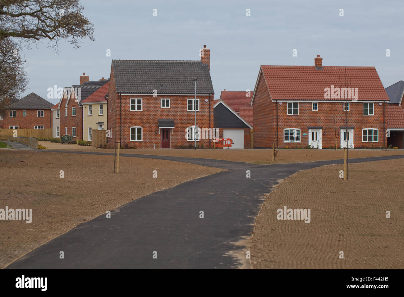 Neues Gehäuse, neue Häuser. Entwicklung auf der grünen Wiese. Stalham. Norfolk. East Anglia. England. VEREINIGTES KÖNIGREICH. 2015 Stockfoto