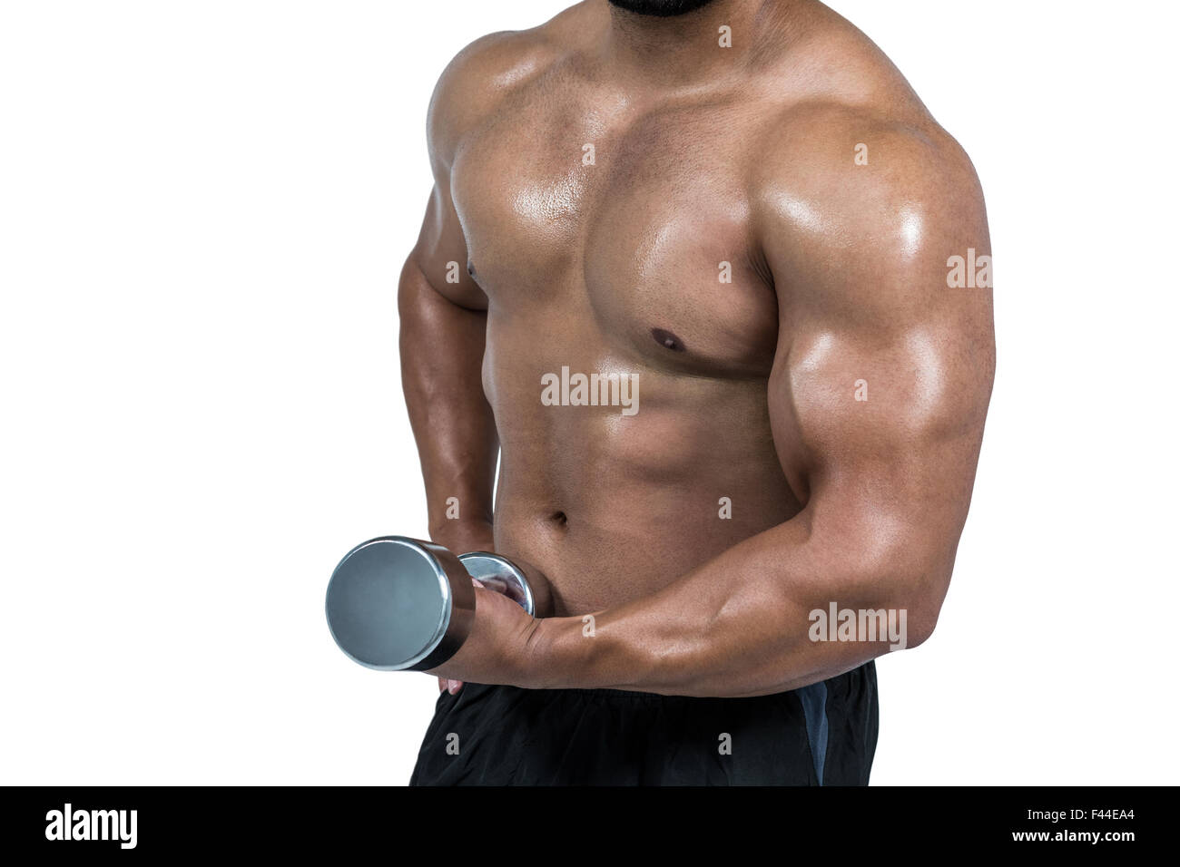Muskulöser Mann heben schwere Hantel Stockfoto