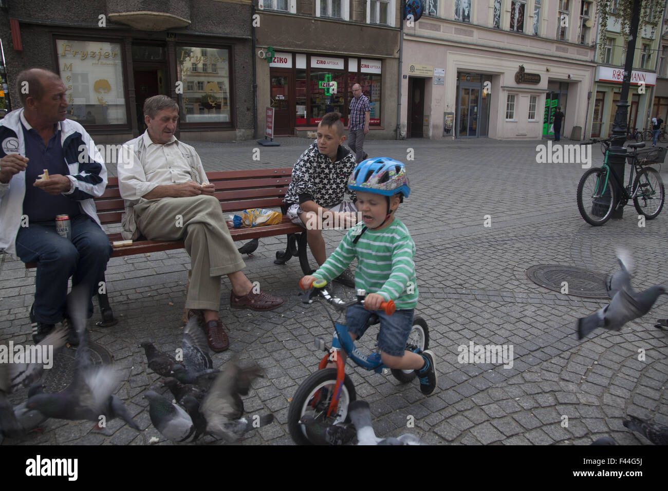 Kleiner Junge jagt Tauben auf seinem Fahrrad in der Stadtmitte, Zielona Gora, Polen. Stockfoto