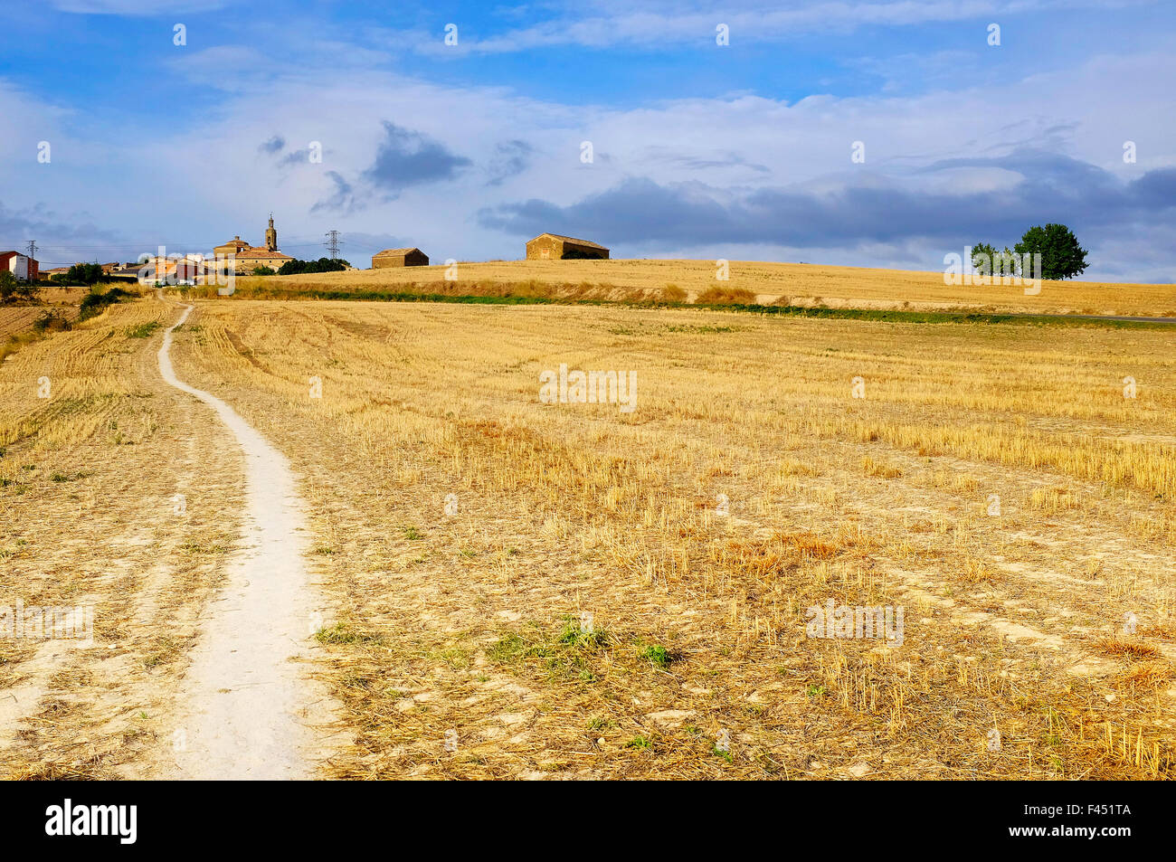 Verfolgen Sie in der Mitte einige abgeernteten Weizenfeldern nach Sansol am Jakobsweg (Camino de Santiago) Navarra, Spanien Stockfoto