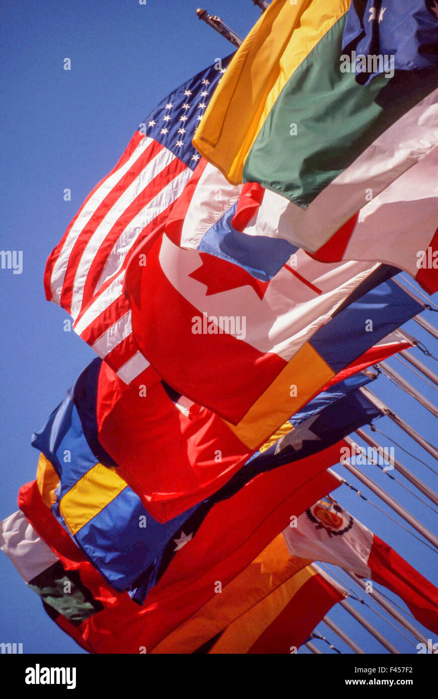 Die Flaggen vieler Nationen blähen sich im Wind in San Francisco, Kalifornien. Stockfoto