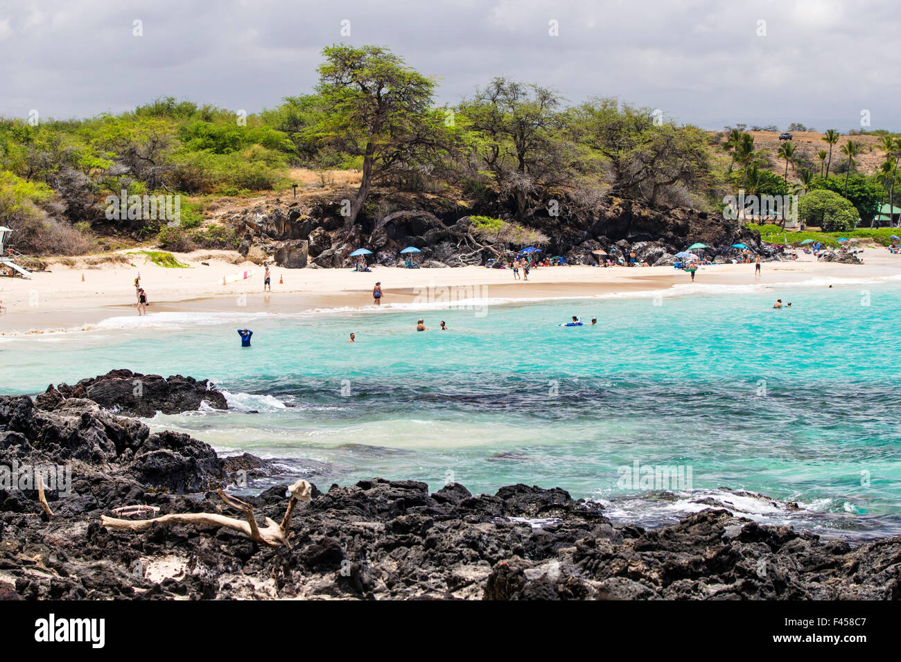 Touristen genießen Sie weltberühmte Hapuna Beach, Kohala Coast, Hawaii, USA Stockfoto