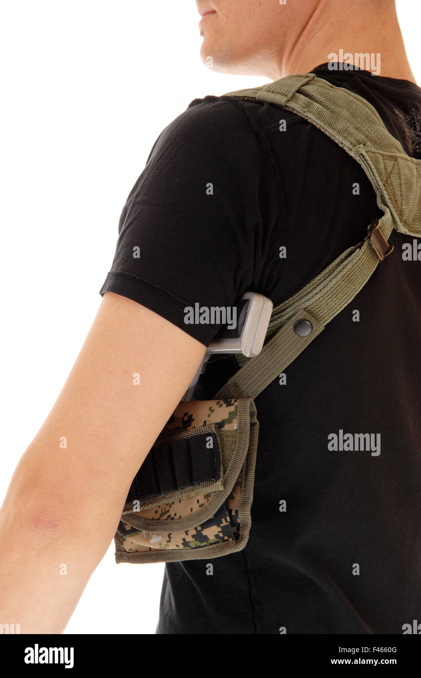 Soldat mit Holster und Pistole. Stockfoto