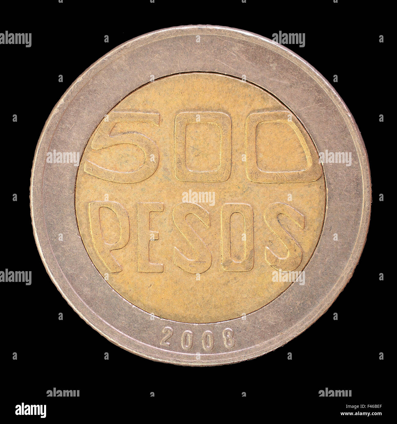 Heckrotorblätter Gesicht einer 500 Pesos Münze, ausgestellt von der Republik von Kolumbien im Jahr 2000. Bild auf schwarzem Hintergrund isoliert Stockfoto