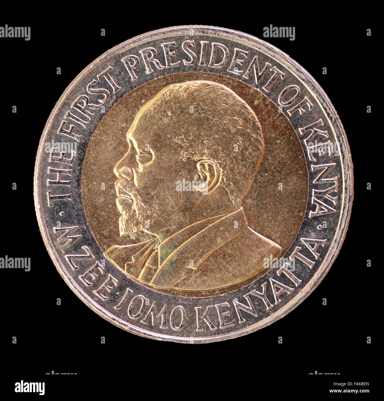 Der Kopf Gesicht einer 20-Schilling-Münze, ausgestellt von der Republik Kenia im Jahr 2005 zeigt das Porträt des ersten Präsidenten Mzee Stockfoto