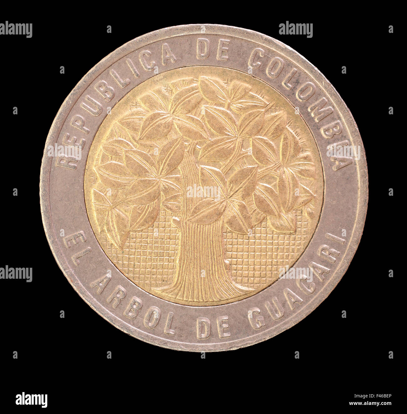 Kopf Gesicht einer 500 Pesos Münze, ausgestellt von der Republik von Kolumbien im Jahr 2000. Diese Münze zeigt den heiligen Baum der Guacari für celebr Stockfoto