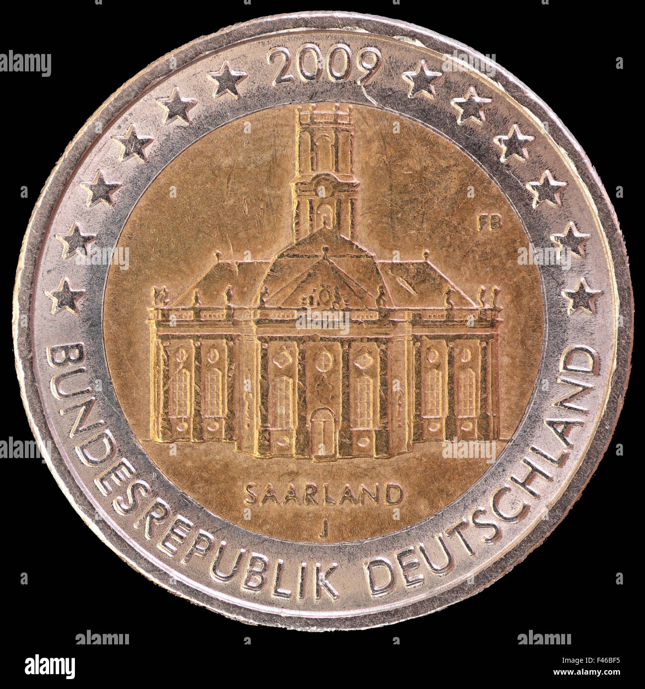 Eine Festschrift verteilt zwei-Euro-Münze herausgegeben von Deutschland 2009 zeigt die Ludwigskirche, ein Symbol von Saarbrücken, die k Stockfoto