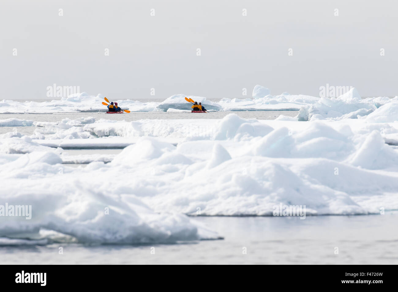 Kanuten inmitten von Eisbergen am Meer Eisrand des Nord-Spitzbergen, Norwegen Stockfoto