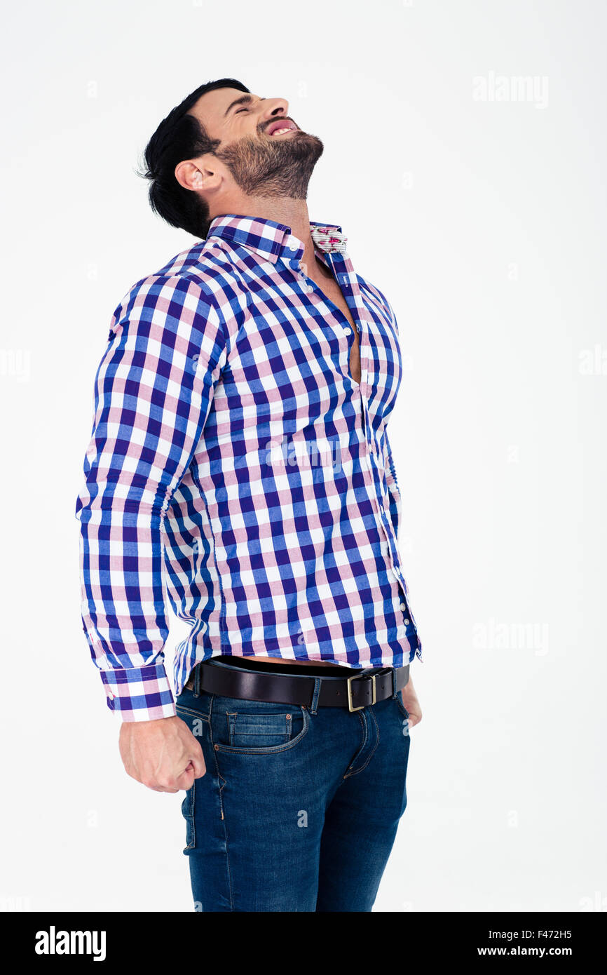 Porträt eines lässig betonte stehen isoliert auf weißem Hintergrund Stockfoto