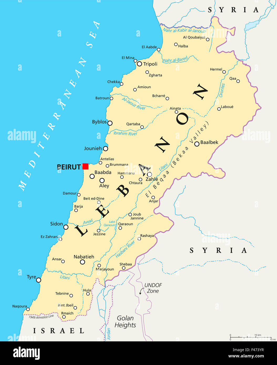 Libanon Landkarte mit Hauptstadt Beirut, Landesgrenzen, wichtige Städte, Flüsse und Seen. Englische Beschriftung und Skalierung. Stockfoto