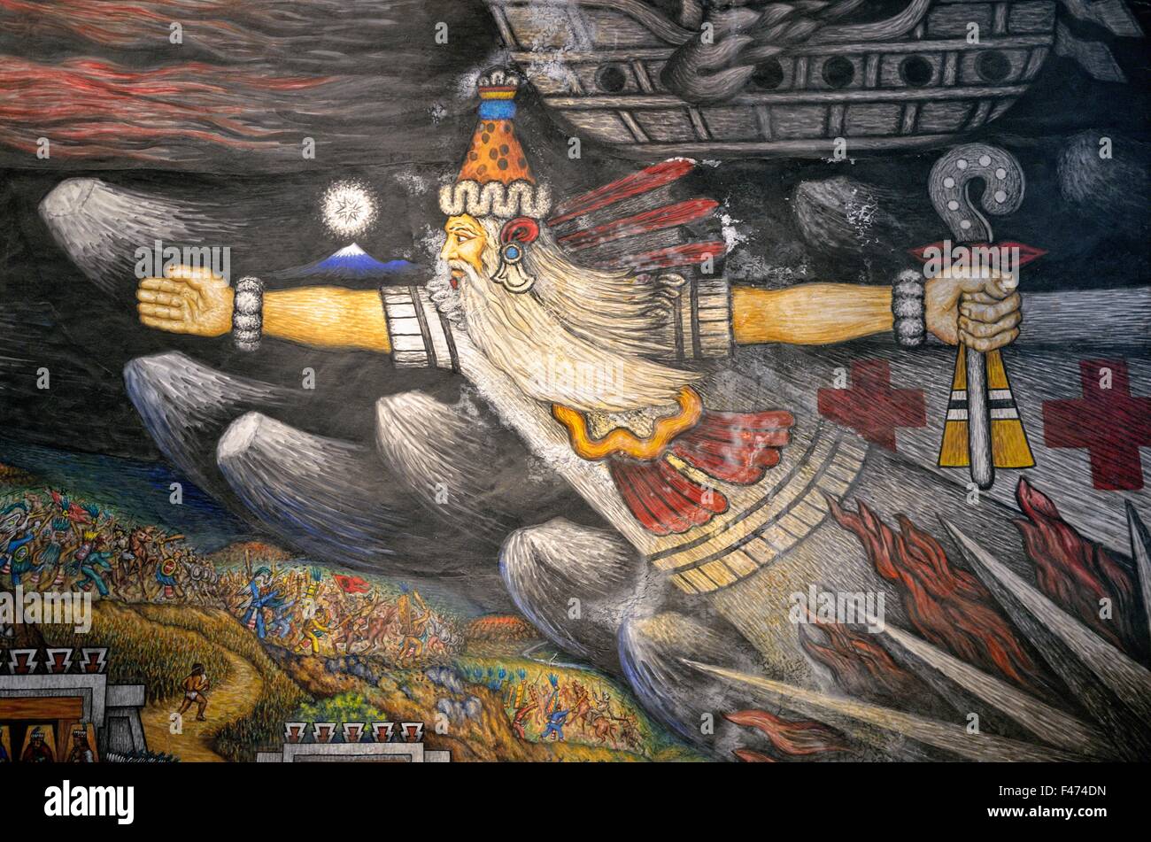 Wandbild von Desiderio Hernandez Xochitiotzin, Palacio de Gobierno, Tlaxcala, Bundesstaat Tlaxcala, Mexiko Stockfoto