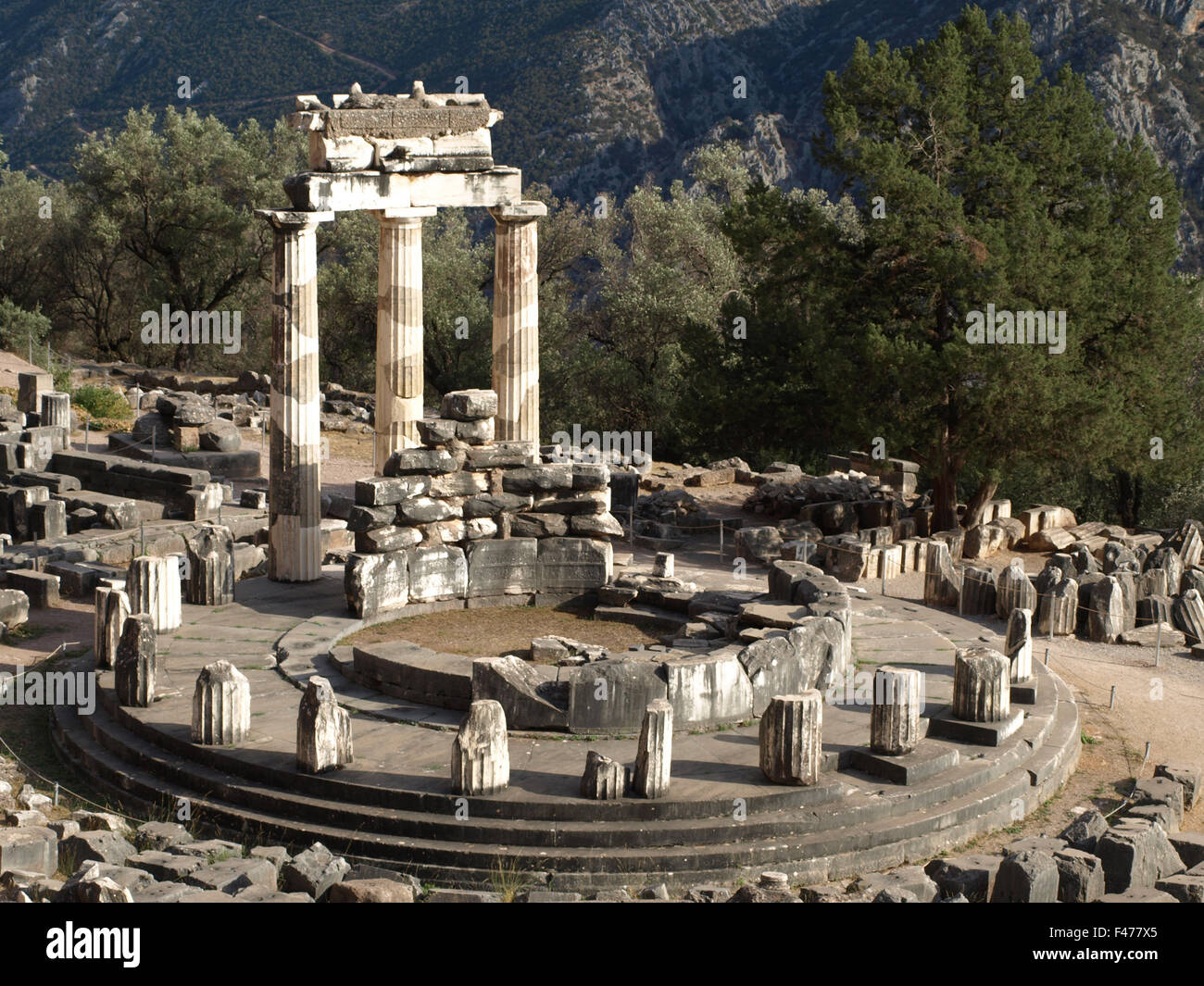 5804. das Heiligtum der Athena Pronaia in Delphi. Das kreisförmige Gebäude namens "Tholos" wurde ca. 380 v. Chr. erbaut. Stockfoto