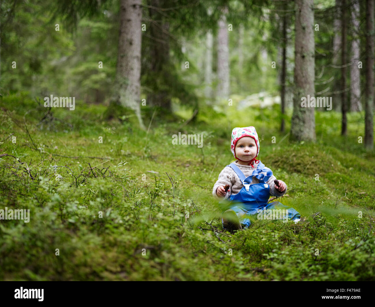 Ein kleines Kind in den Wald, Schweden. Stockfoto