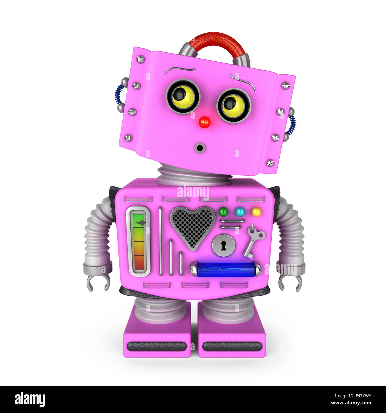 Rosa Spielzeug-Roboter-Mädchen sucht neugierig ins obere linke Eck über weißem Hintergrund Stockfoto