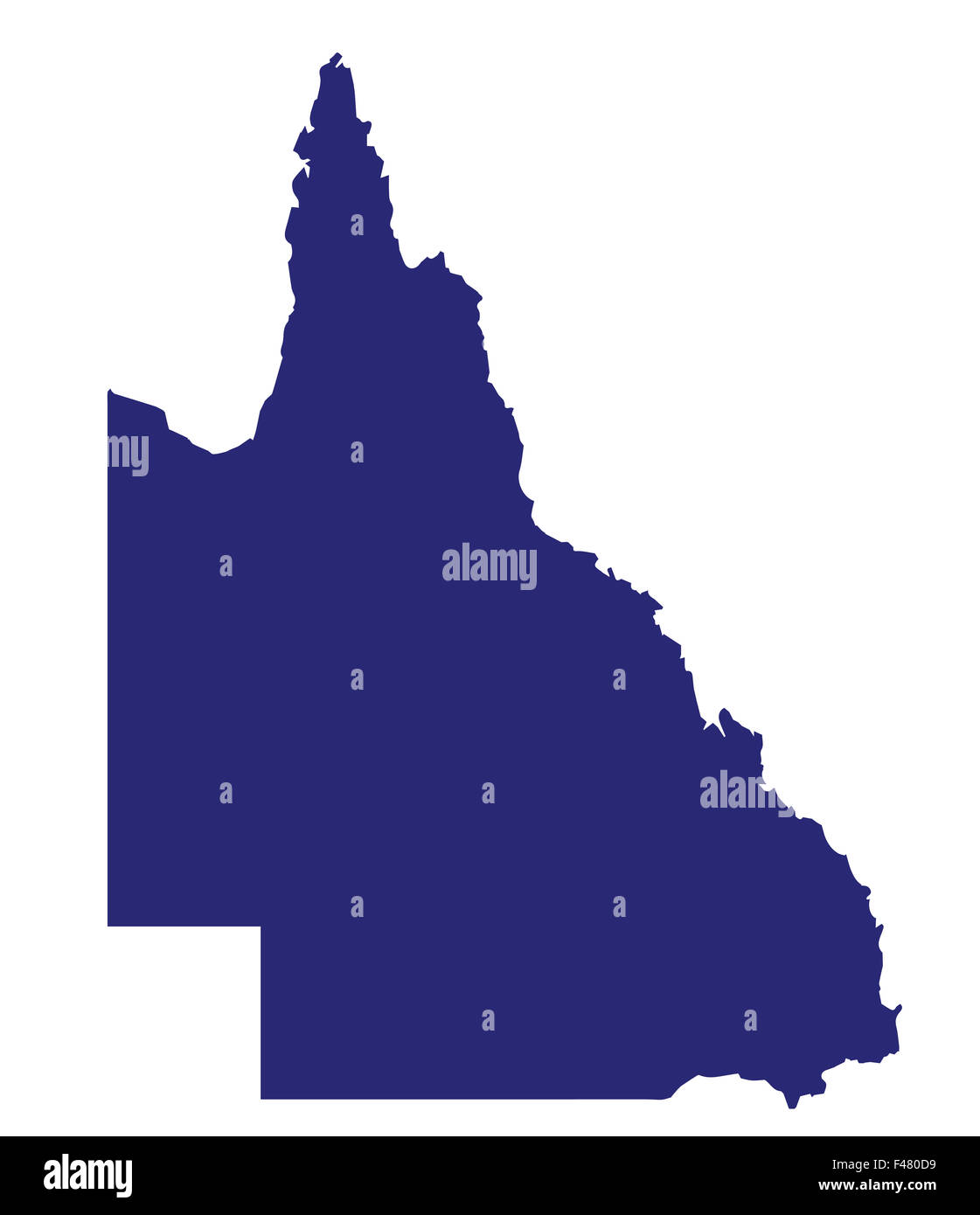 Silhouette Karte des australischen Bundesstaates Queensland auf einem weißen Hintergrund Stockfoto