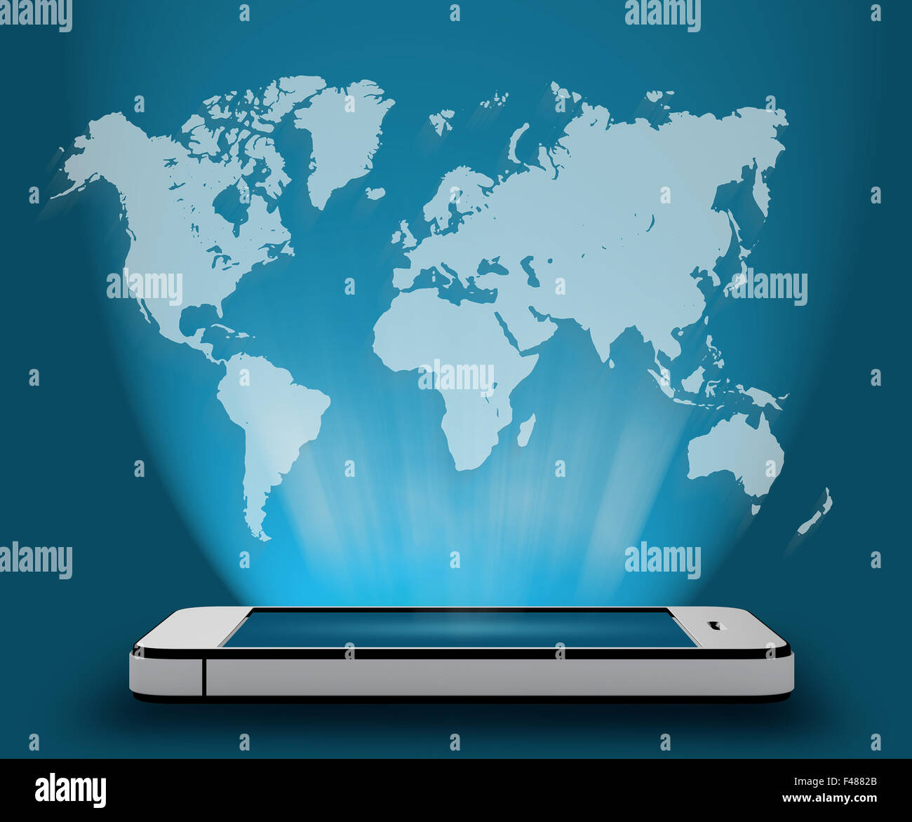 Telefon und Welt Karte darüber. Blauer Hintergrund Stockfoto