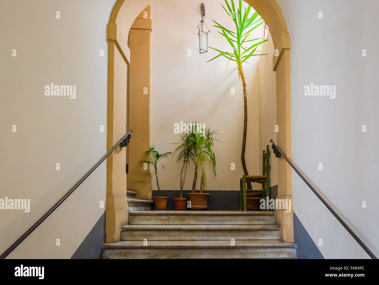 Marmortreppe mit Pflanzen und einem Holzstuhl Stockfoto