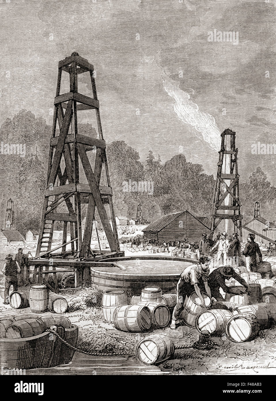 Eine Quelle von Erdöl am Oil Creek auf den Allegheny River, Pennsylvania, USA im Jahre 1858 von Edwin Laurentine Drake, aka Colonel Drake (1819 – 1880) entdeckt. Stockfoto