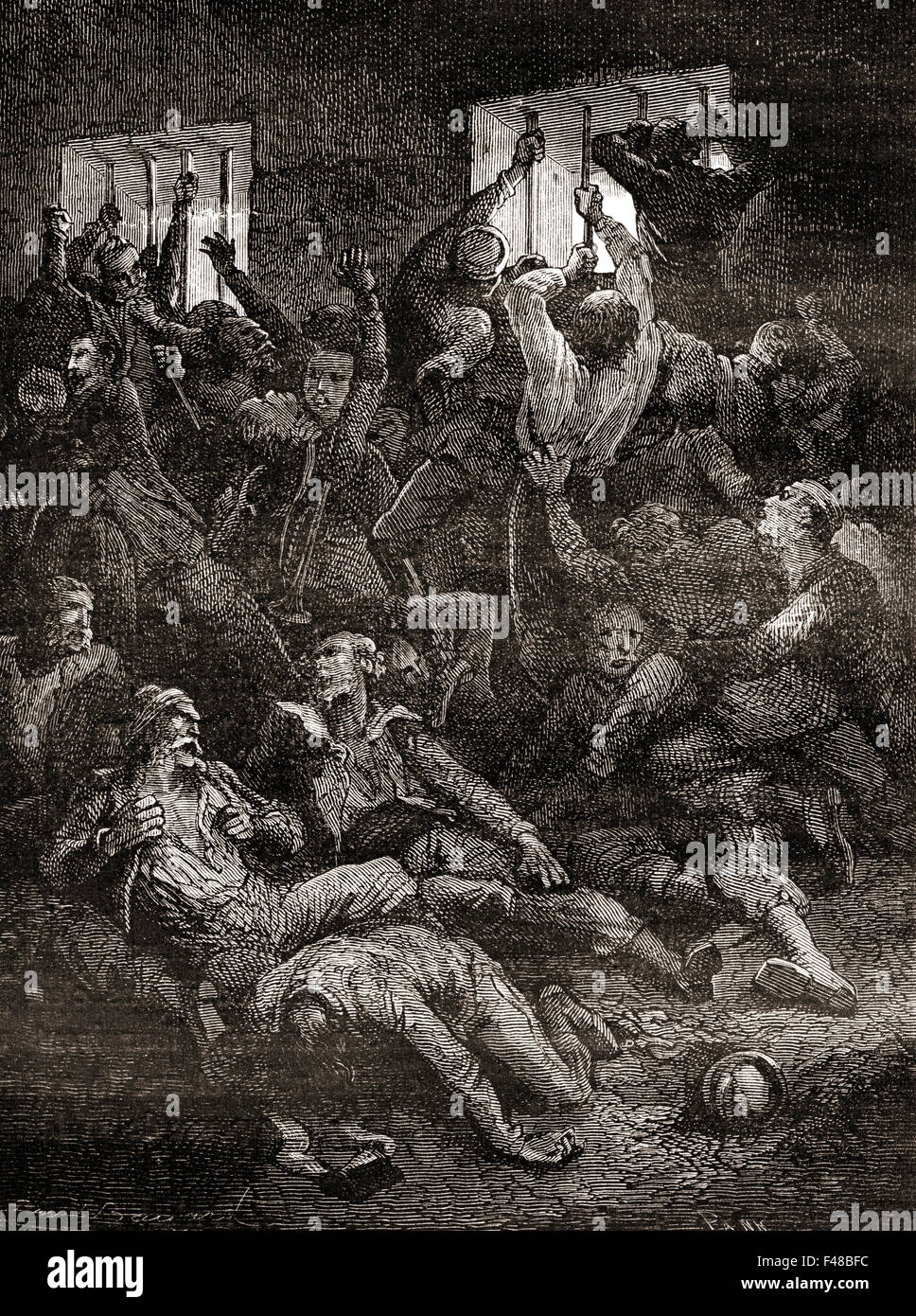 Das Leiden und der Tod aufgrund unzureichender Belüftung, der englischen Gefangenen in das Schwarze Loch von Kalkutta, eine kleine Dungeon im alten Fort William in Kalkutta, Indien, wo die Truppen des Nawab von Bengalen, siraj ud-Daulah, hielten britische Kriegsgefangene nach der Einnahme des Fort am 20. Juni 1756. Stockfoto