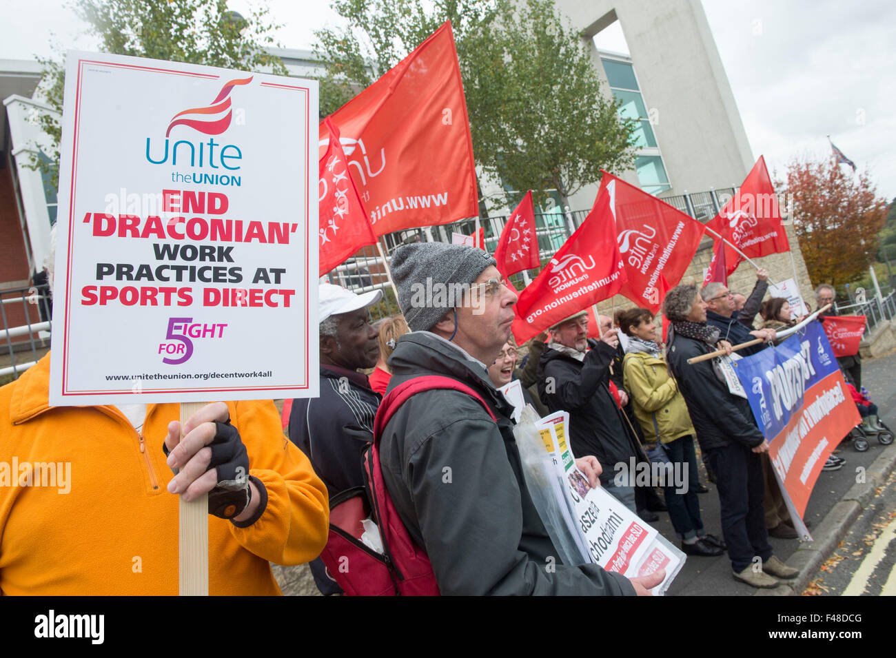 Sport direkte Arbeitnehmer und vereinen Gewerkschaftsmitglieder protestieren am Chesterfield Hof Stockfoto