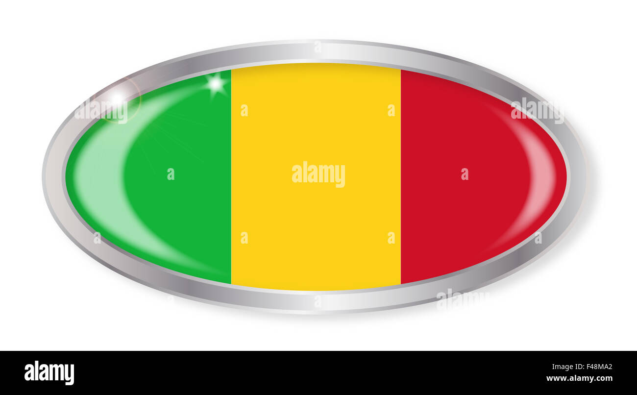 Ovale silberne Taste mit der Mali Flagge auf einem weißen Hintergrund isoliert Stockfoto