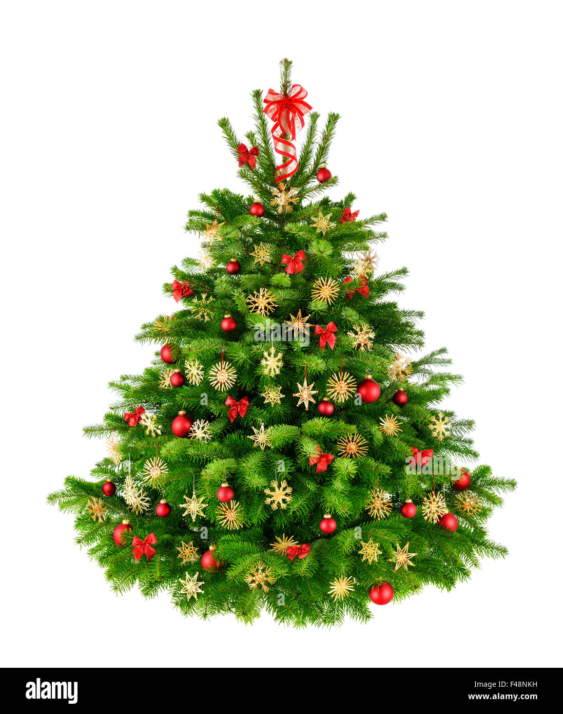 Rustikale natürlichen Weihnachtsbaum mit roten Kugeln, Bögen und Stroh