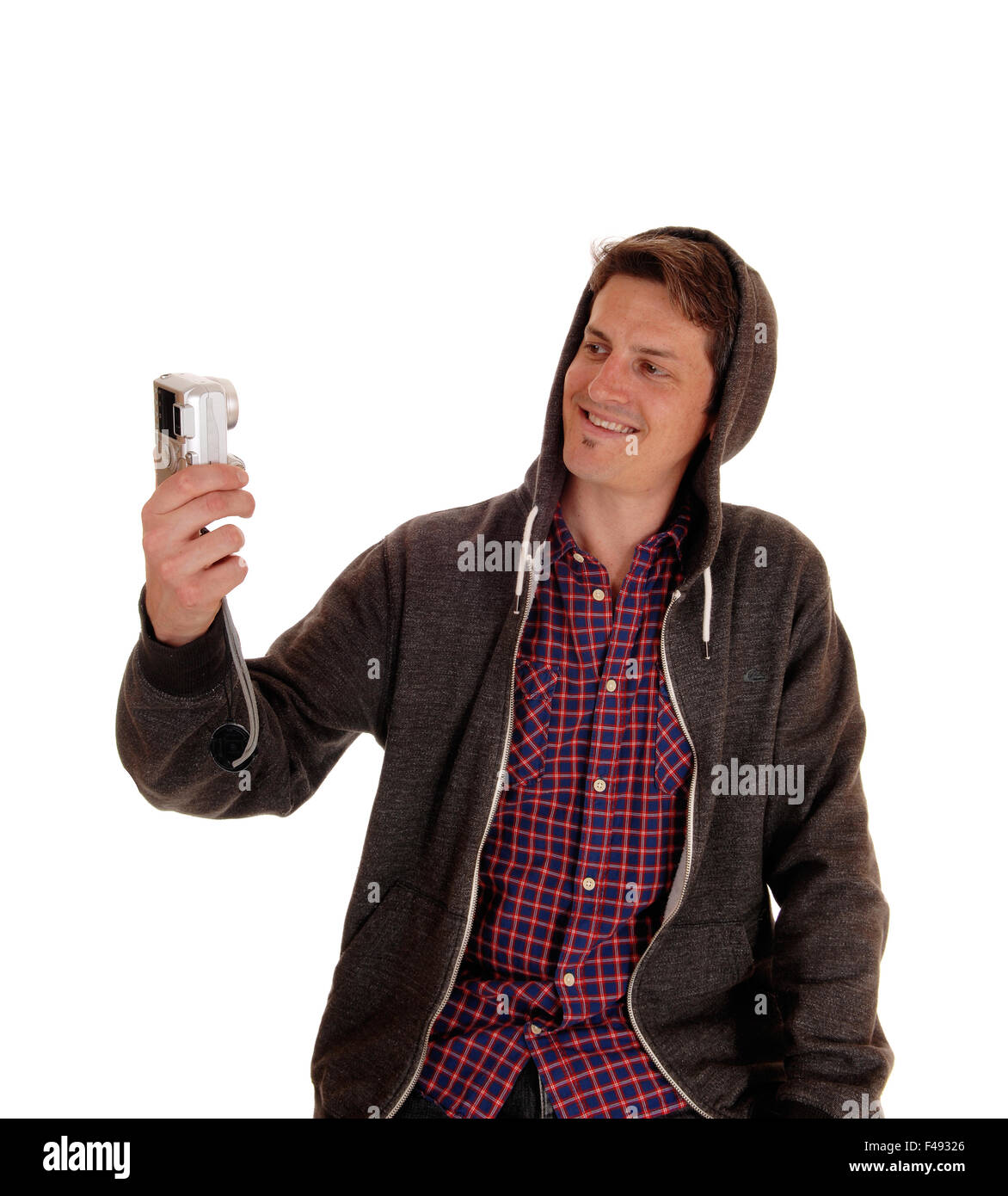 Mann in hoody nehmen Selfie. Stockfoto