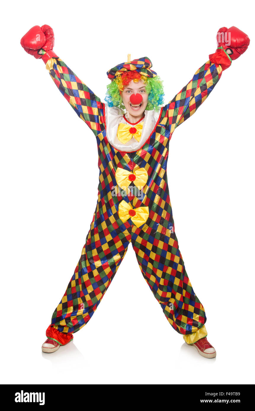 Clown mit Boxhandschuhen isoliert auf weiss Stockfoto
