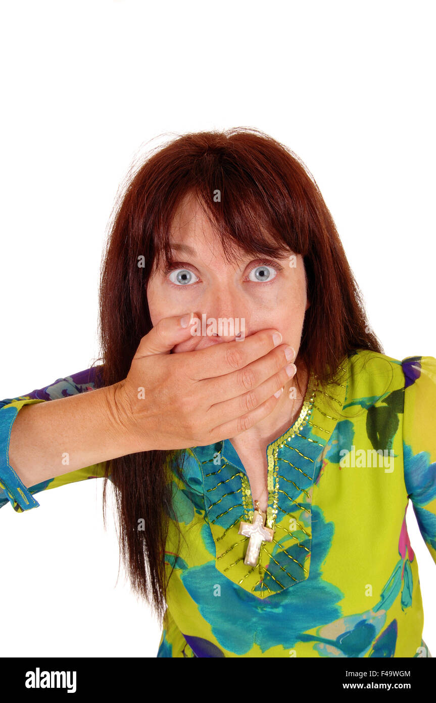 Überrascht Frau mit Hand am Mund. Stockfoto