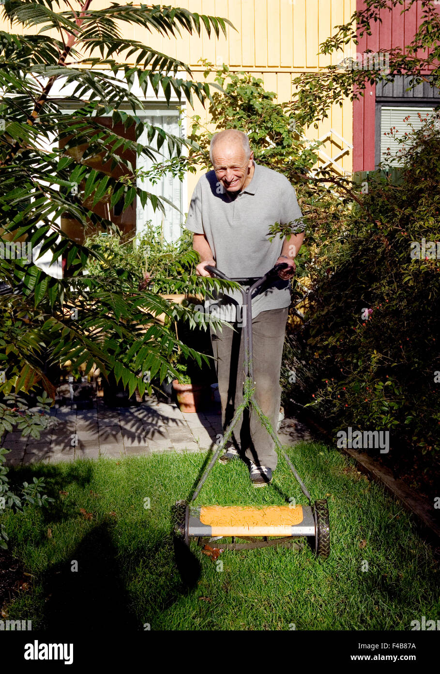 Ein Alter Mann mit einem Rasenmäher. Stockfoto