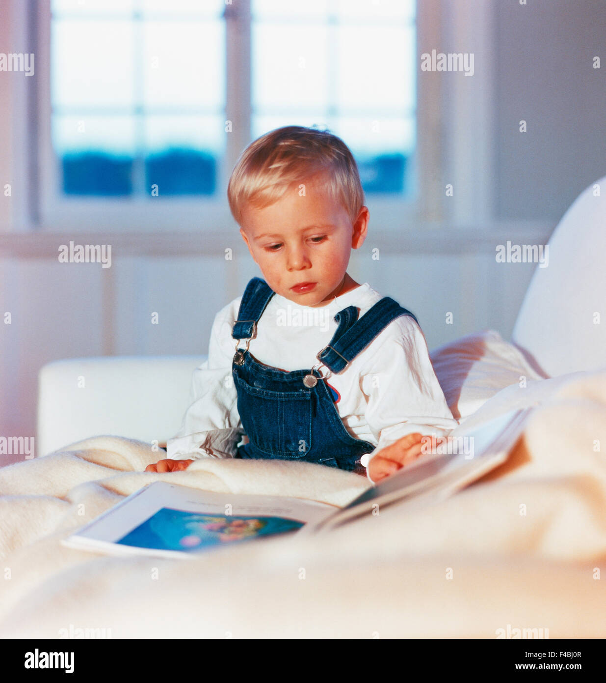 25-29 Jahre Erwachsene nur Archipel Baby blond Buch Jungen Katalog 2 Kinder nur Farbe Bild häuslichen Lebens Abend genießen Stockfoto