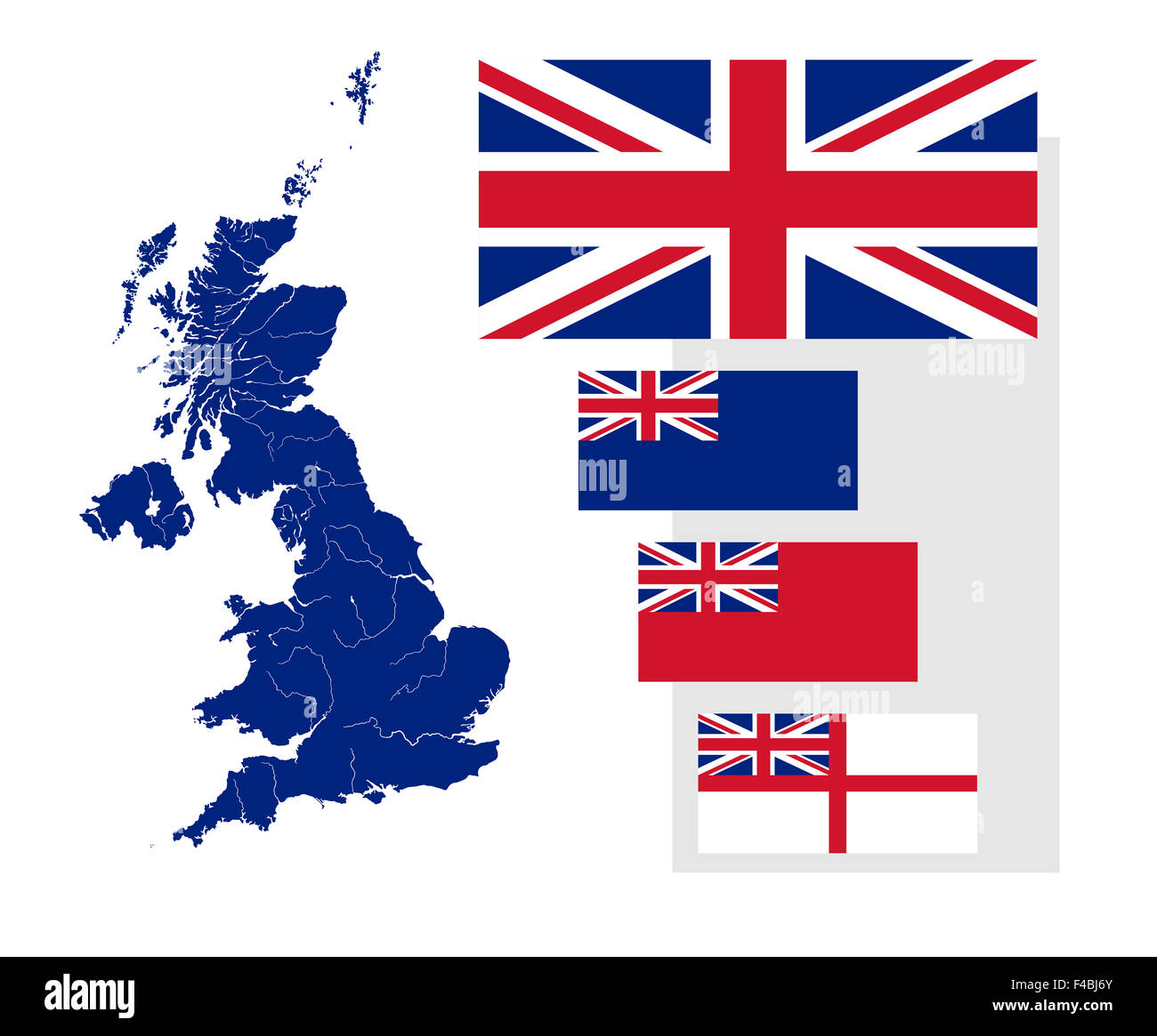 Karte des Vereinigten Königreiches mit Flüssen und vier britischen Flaggen - Nationalflagge, staatliche Ensign, civil Ensign und naval Ensign. Stockfoto