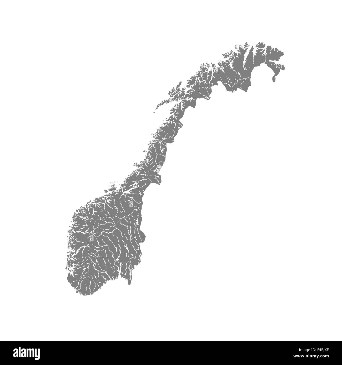 Karte von Norwegen mit Flüssen und Seen. Stockfoto