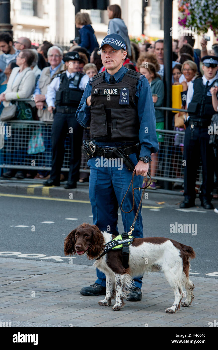 Polizisten mit dem Fernglas Ausschau vom Dach der Kirche St. Martin-in-the-Fields als Offiziere mit Sniffer-Hunde-Patrouille die Straße unten vor dem 70. Sieg über Japan Day Gedenkfeiern in Central London statt.  Mitwirkende: Ansicht, Atmosphäre Stockfoto