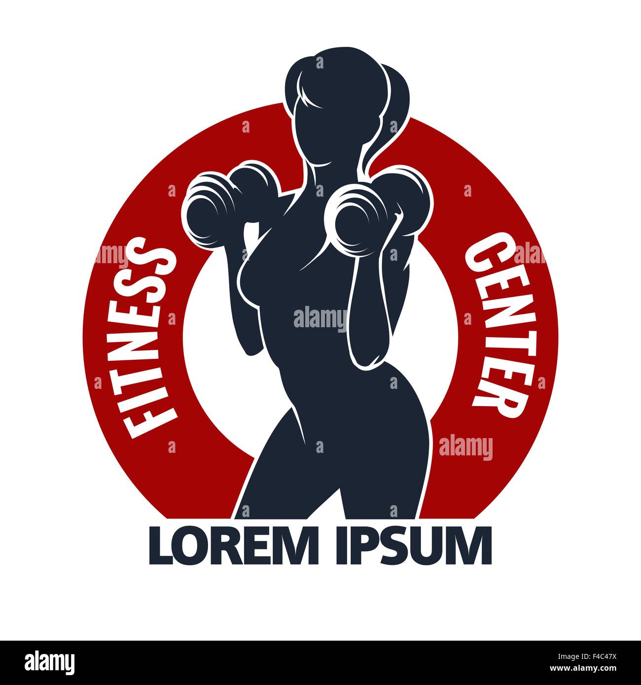 Fitness-Club oder Fitness-Studio-Emblem mit Training muskulöse Frau. Frau hält Hanteln. Nur kostenlose Schriftart verwendet. Isoliert auf weißem Hintergrund Stock Vektor