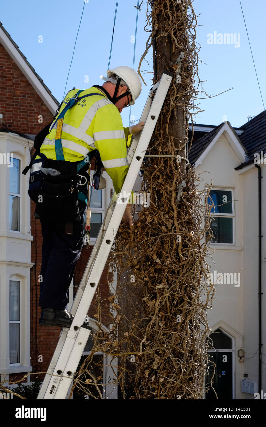 Telekommunikation Ingenieur aus Telegrafenmast uk Stockfoto